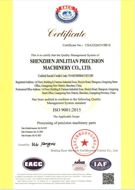 Cina Shenzhen Jinlitian Precision Machinery Co., Ltd. Sertifikasi